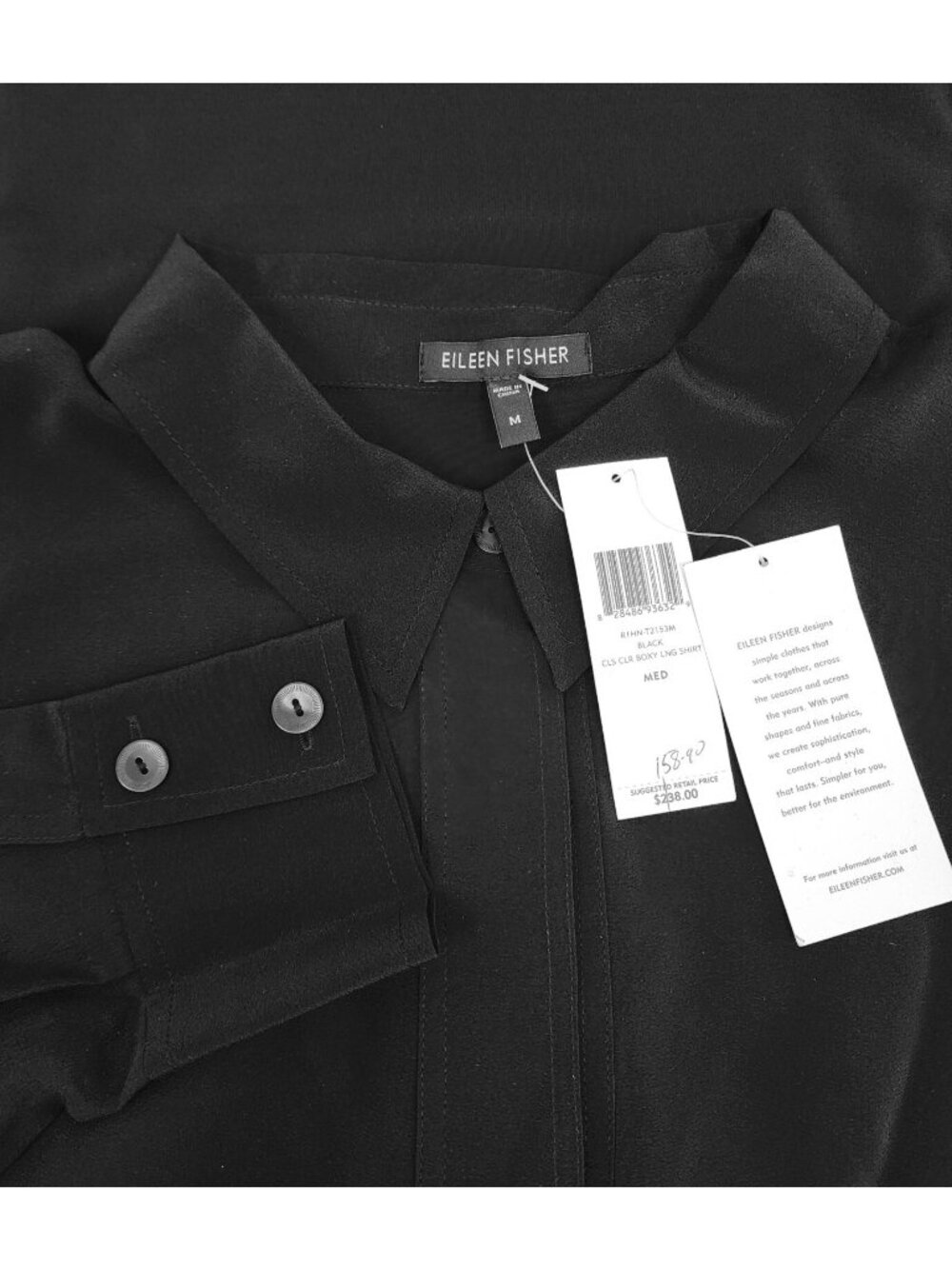 Eileen Fisher Women's Silk Classic Collar Boxy Long Shirt Blouse Black Size M - Picture 2 of 4